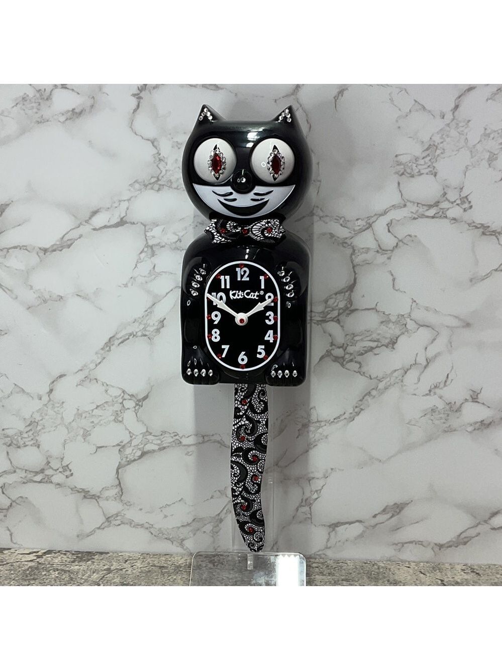 CUSTOM Jeweled Black Kit-Cat Klock clock with Chantilly lace tail and bow tie - Picture 3 of 7